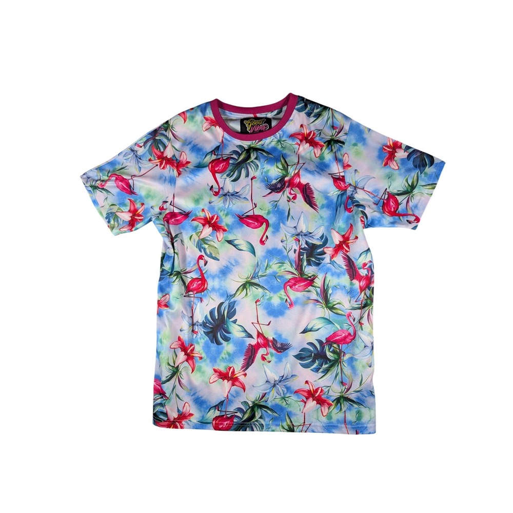 Good Vibes Flamingo Tropical Floral Tie Dye Button Up Shirt Mens Medium Short Sl